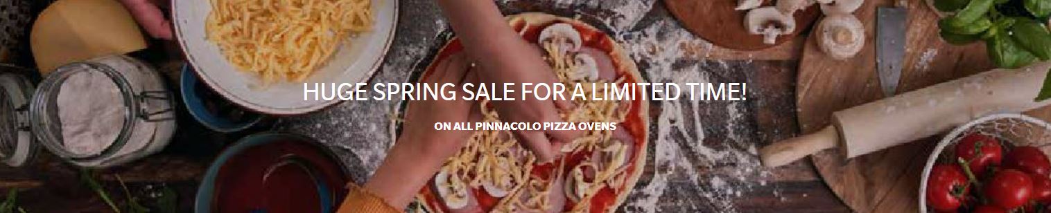 Pinnacol Ovens Sale Banner-Pizza with toppings & hands from above