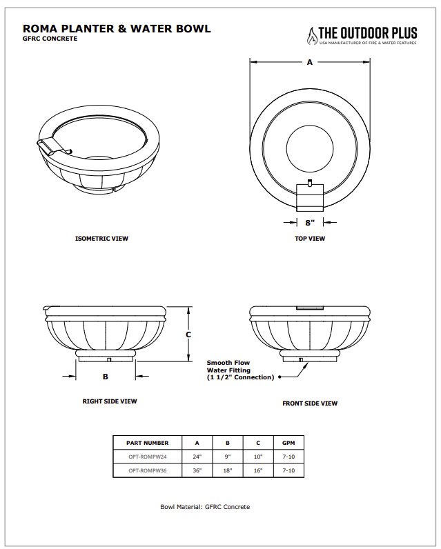 Roma Concrete Planter & Water Bowl – Specification Sheets