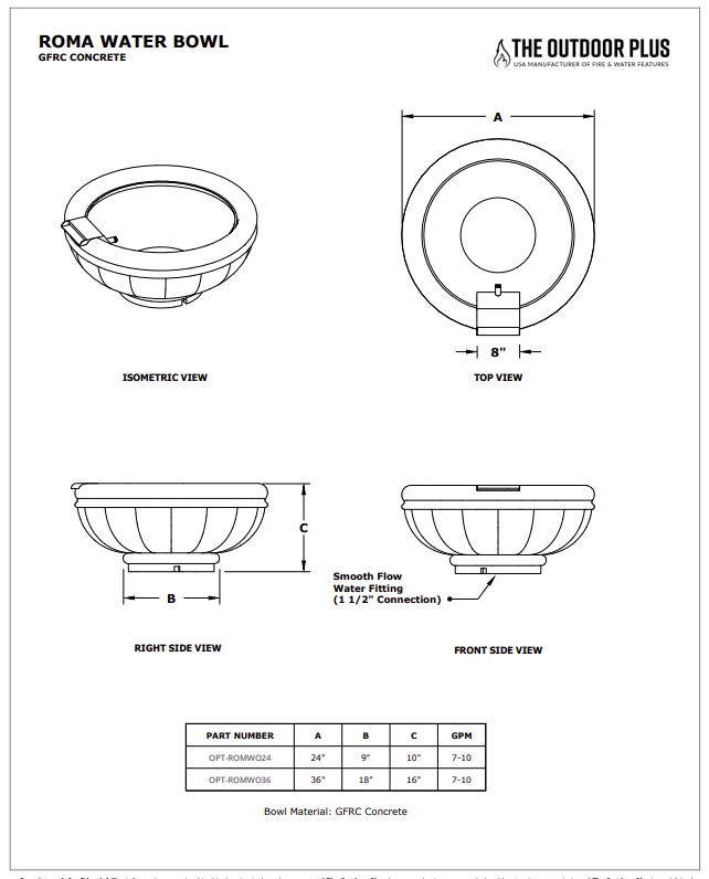 Roma Concrete Water Bowl Specs Sheet