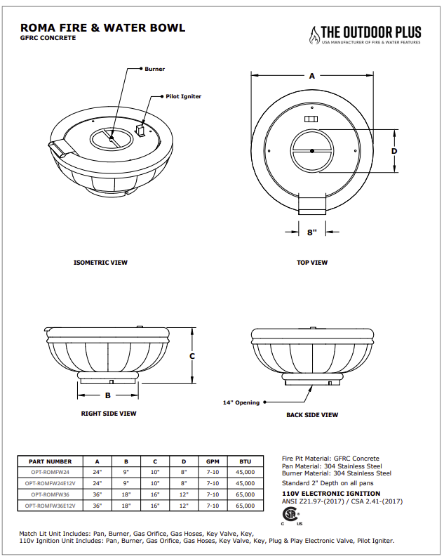 Roma Concrete Fire & Water Bowl Specs Sheet