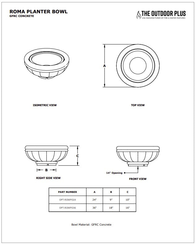 Roma Concrete Planter Bowl Specs Sheet