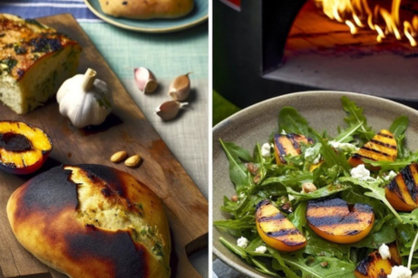 Salad and bread with flame in oven in back_side dishes to create in wood-fired pizza oven