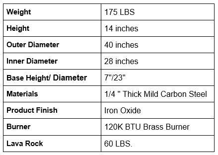 Saturn Fire Pit specifications