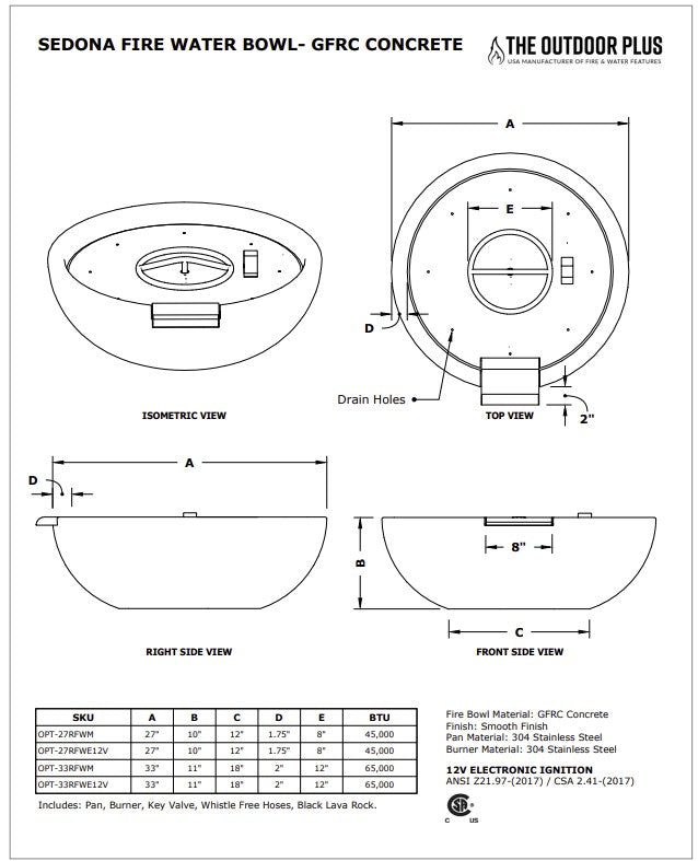 Sedona Concrete Fire and Water Bowl Specs