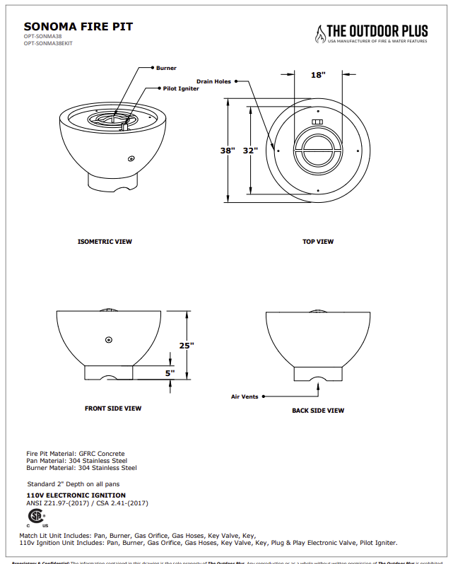 Sonoma Fire Pit Specs