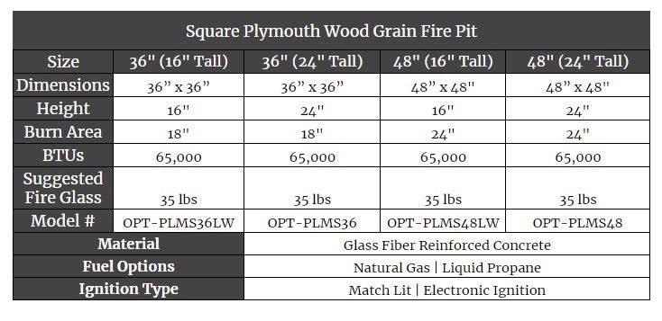 Square Plymouth Wood Grain Fire Pit Specs