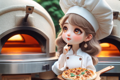 animated chef with pizza on peel between 2 pizza ovens