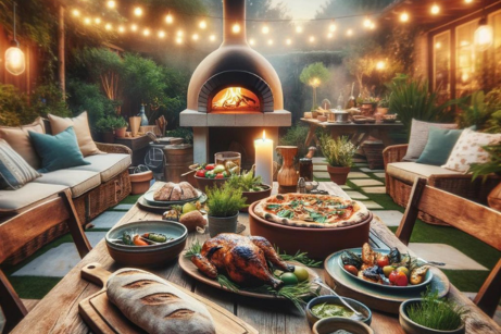backyard scene with wood-fired pizza oven in back and lots of food on table in front_Ai generated