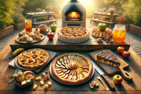 backyard wood-fired pizza oven desserts displayed on table_AI