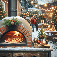 close-up_ pizza oven people in_ backyard_ winter holiday theme_square
