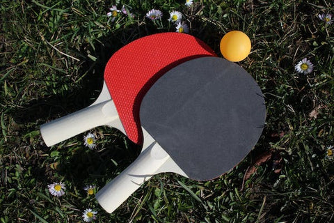 Ping Pong bats and ball on grass
