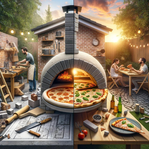split-themed image of DIY and preassembled pizza oven scenes in a backyard setting_800x800