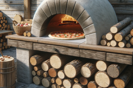 wood-fired pizza oven pizza inside and logs_AI