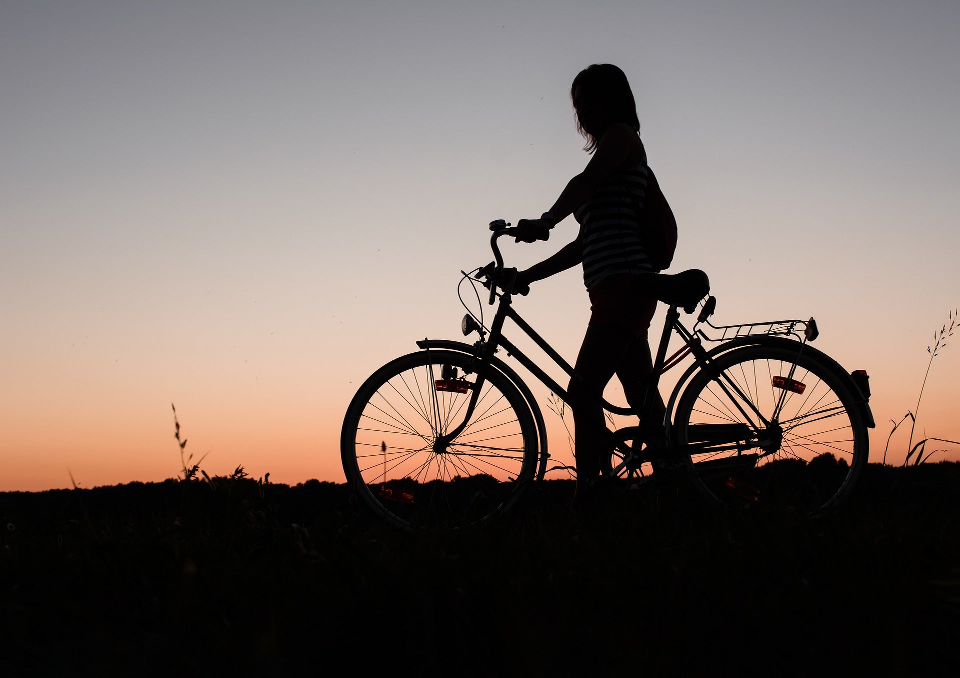 Person walking with their bike at sunrise or sunset