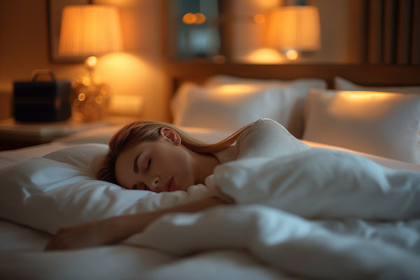 Woman sleeping in a dim bedroom.