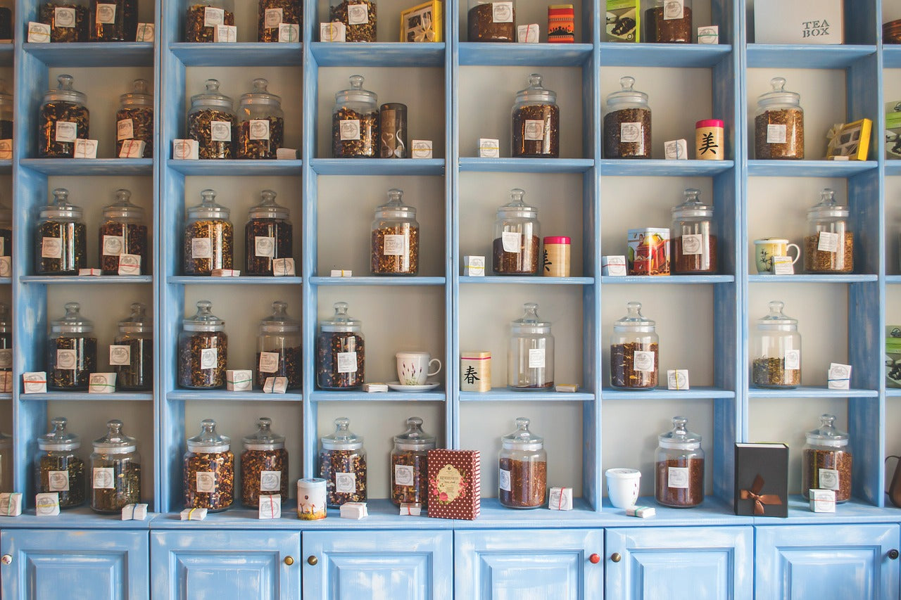 Shelves of jar with herbs and spices