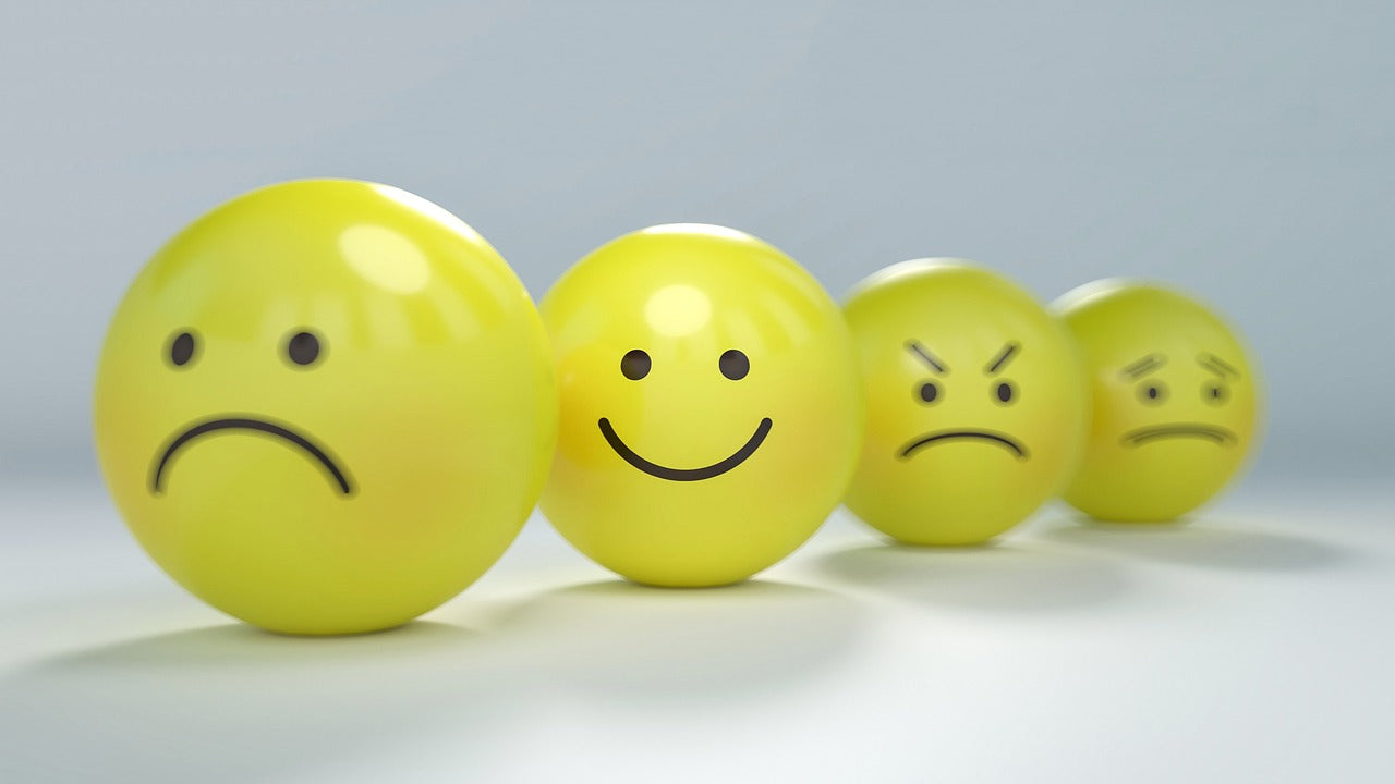 Smiley face balls with different emotions: sad, happy, angry, worried