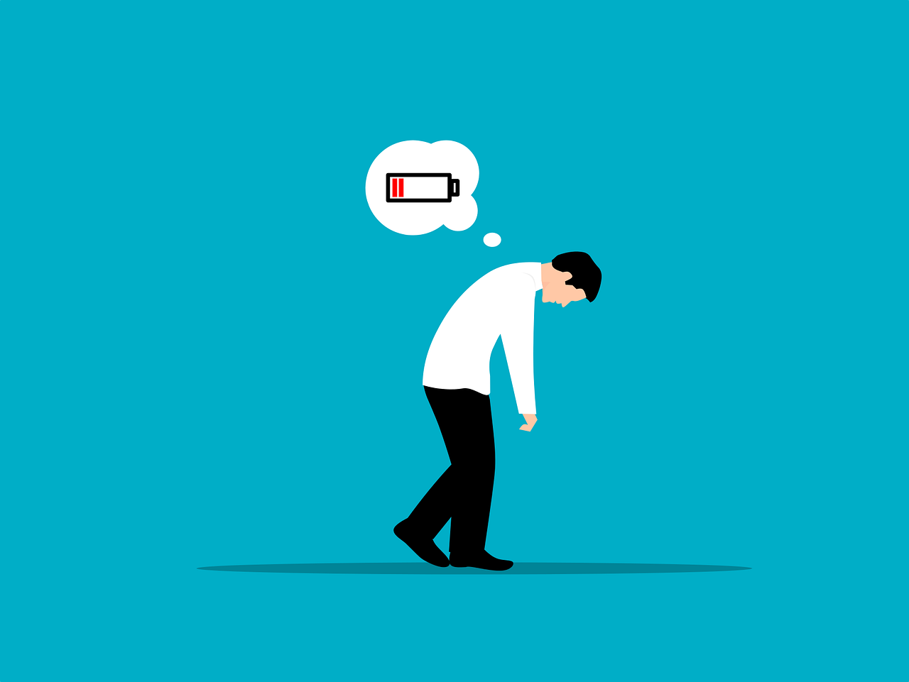 Vector graphic of tired person walking with low battery symbol above them