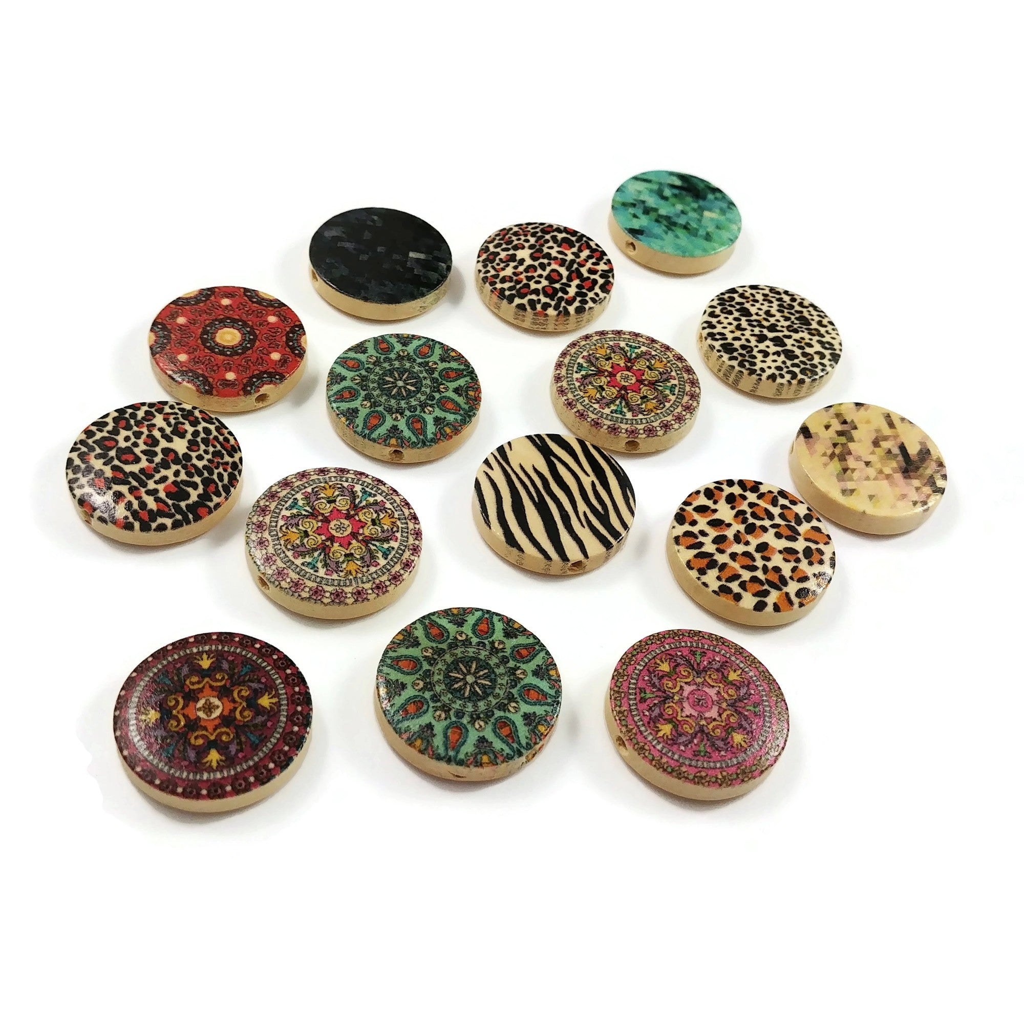 Flat wooden coin beads, Natural unfinished wood, Jewelry making