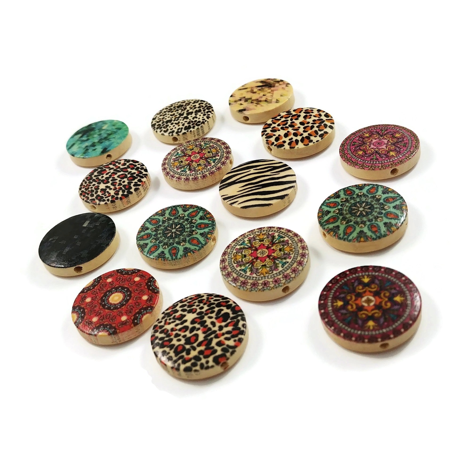 Flat wooden coin beads, Natural unfinished wood, Jewelry making