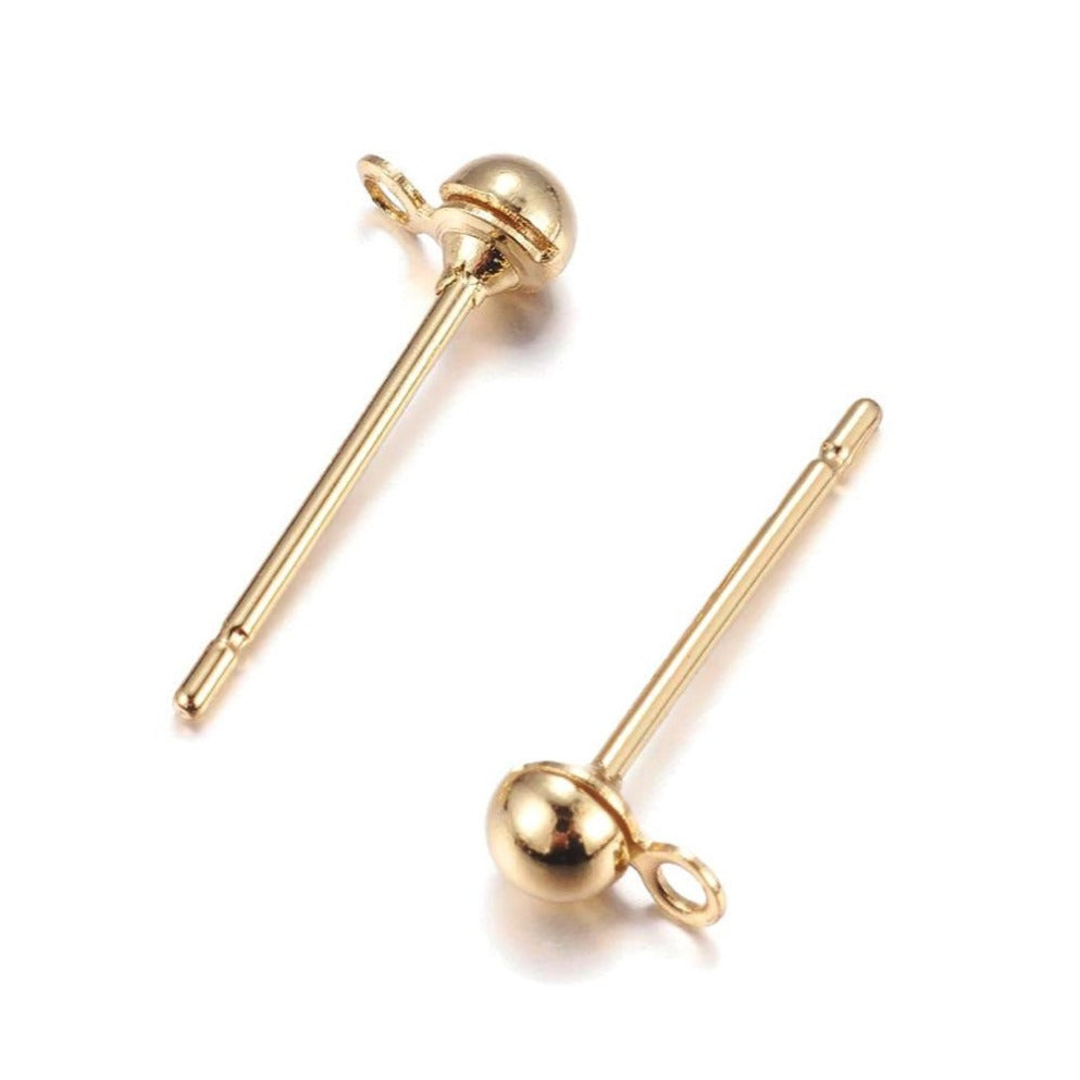 Brass earring stud posts, 3mm ball with 