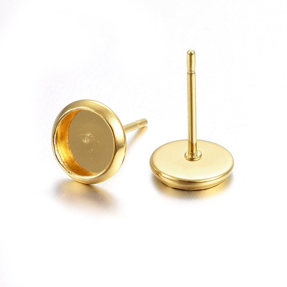 24K gold plated earring post, 6mm stainless steel flat pad studs