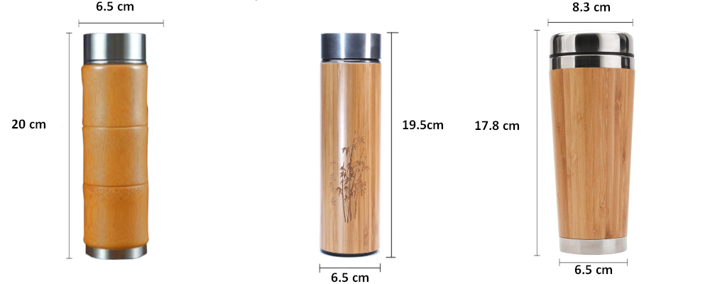 Dimensiones de nuestros 3 modelos de botellas de agua de bambú con aislamiento ecológico