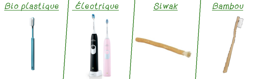 È uno striscione su sfondo bianco di 4 spazzolini ecologici. Da sinistra a destra, uno spazzolino in bioplastica blu, 2 spazzolini elettrici, uno rosa e uno nero, un bastoncino di siwak e uno spazzolino di bambù