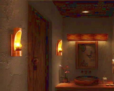 Salle de bain écologique avec des luminaire en bambou brut