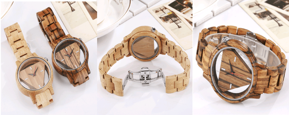 Reloj en madera de peral natural presente desde todos los ángulos