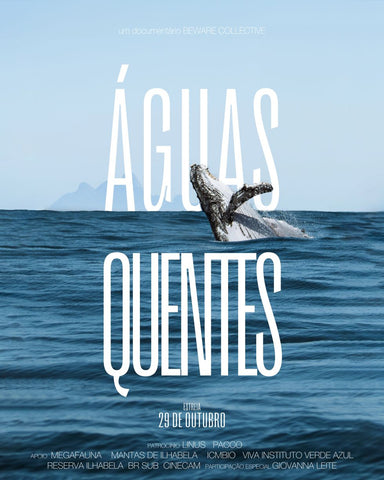 Cartaz do documentário "Águas Quentes" com uma baleia no mar