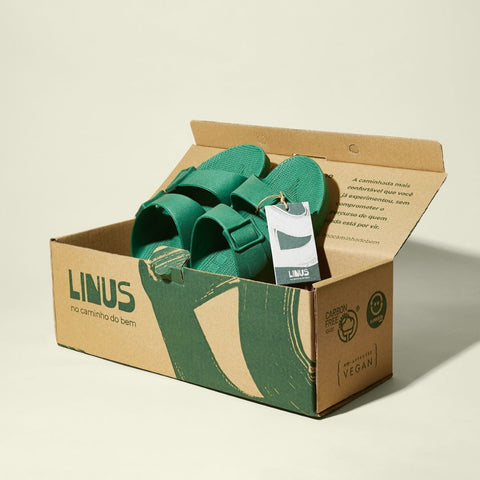 Sandália Linus Verde em uma caixa 