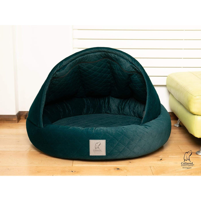 Collared Creatures Beds 60cm Diameter Collared Creatures Teal Quilted Velour Deluxe Comfort Cocoon Dog Cave Bed