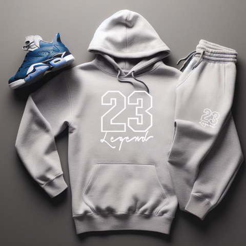 men's gray hoodie and joggers