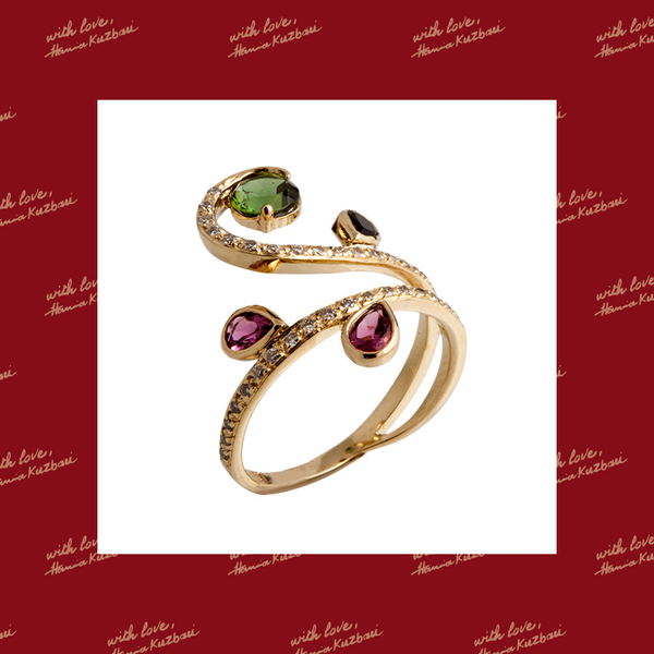 Arabesque Scrolling Wrap Ring with Multicolored Tourmalines and Diamonds