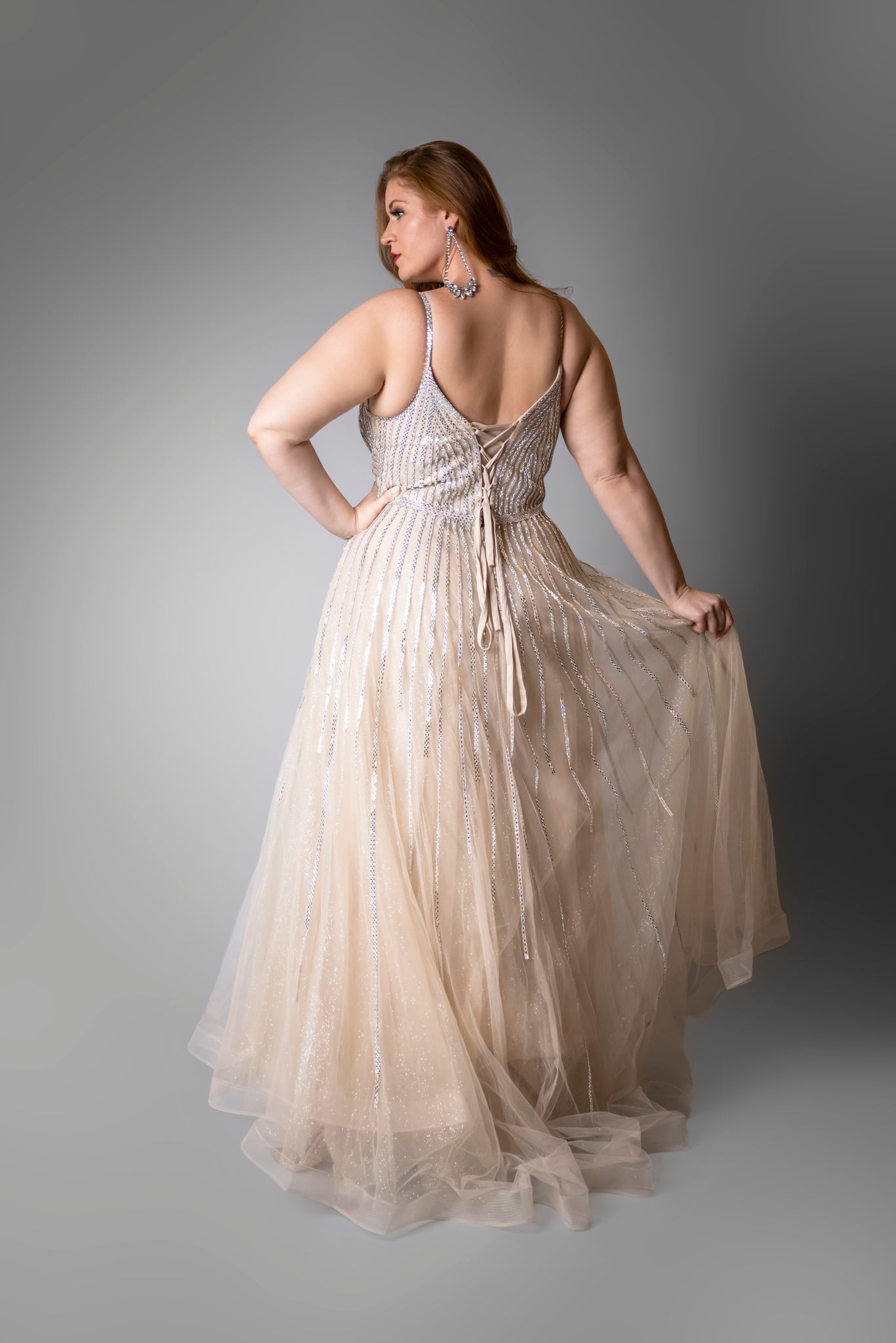 ‘Crystal’ Beige Rhinestone Striped Gown