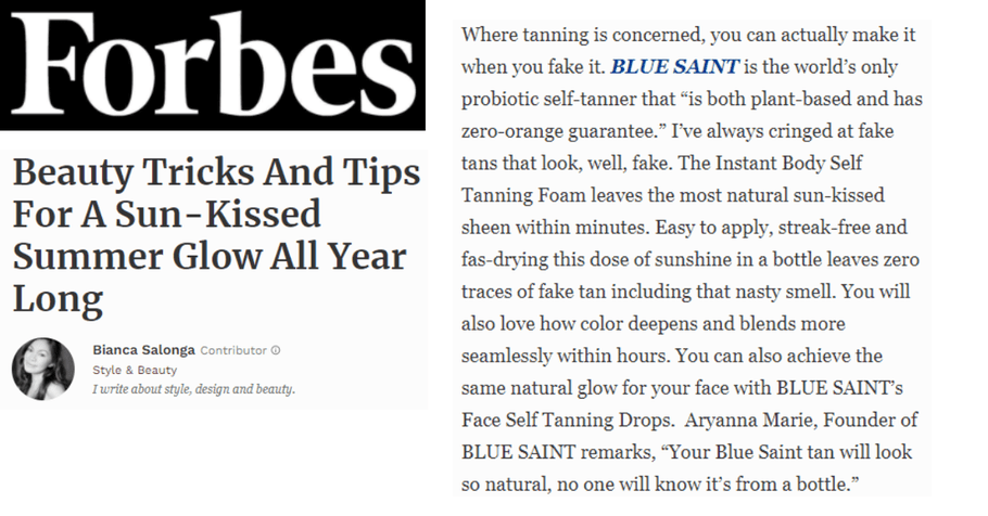<em>Forbes</em> Features Blue Saint for a Sun-Kissed Summer Glow All Year Long