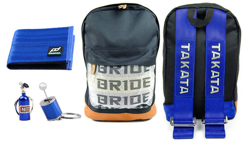 jdm bundle blue including backpack, wallet and keychains