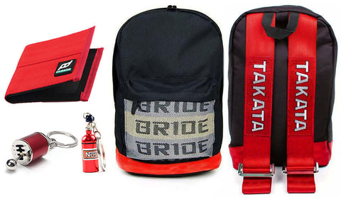jdm bundle red including backpack, wallet and keychains