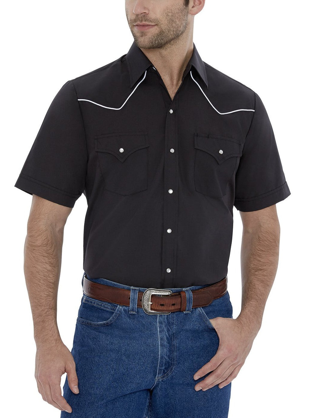 Men's Short Sleeve Solid Western Shirt with Contrast Piping | Ely ...