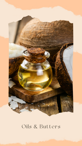 Oils and butters: Coconut shells with a bottle of oil in front of it