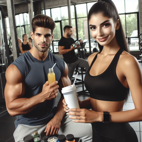 Male and female Latino athletes at the gym consuming healthy products