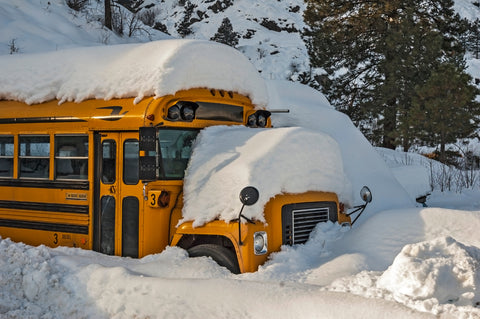 School bus buried in snow