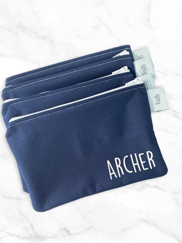 Reusable personalized food storage bags, snack bags, set of four in navy with white zippers and thread.