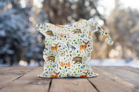 Wet bag outdoors in winter, woodland creature print