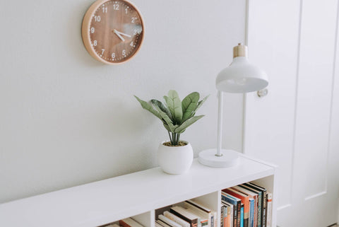 Living room witha clock, bookshelf, and plant