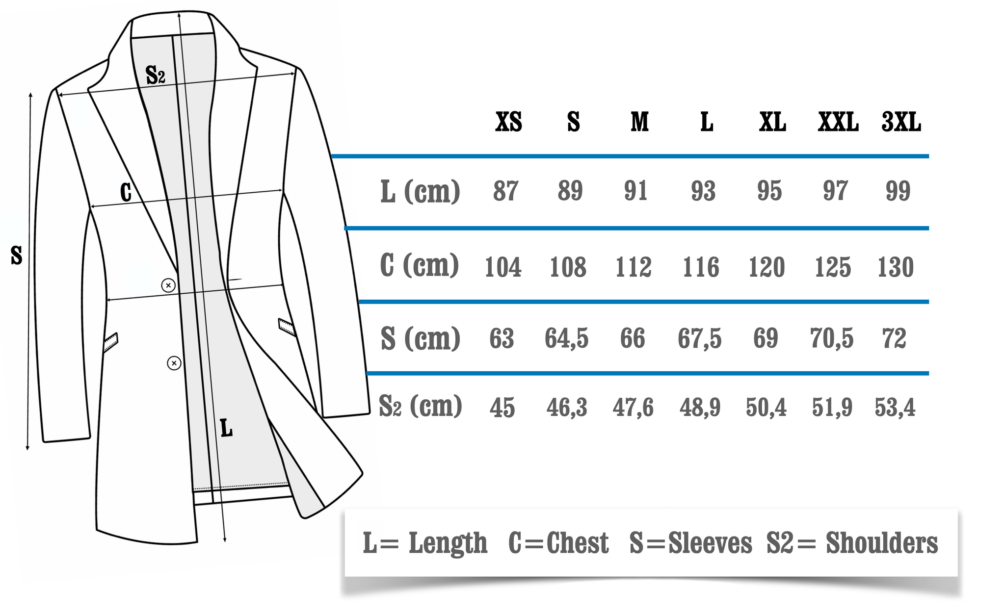 British Coat's Size Table – Birmingham Wear