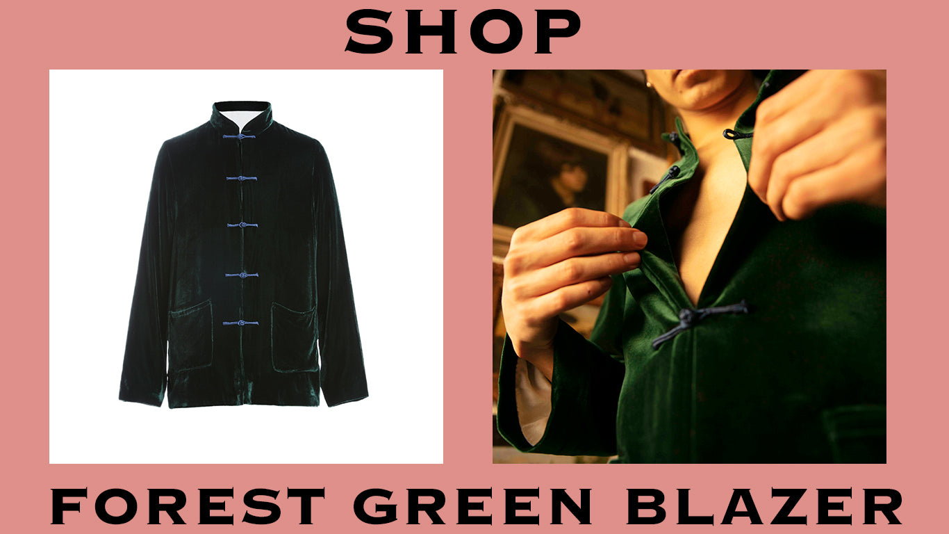 product graphic for forest green blazer. shop. 