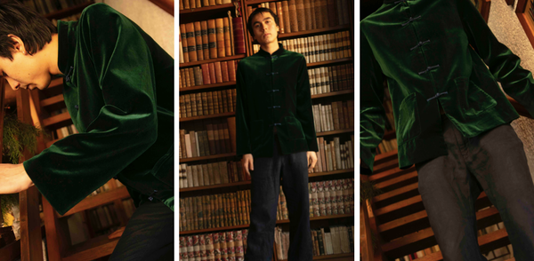 3 images velvet green blazer on model 