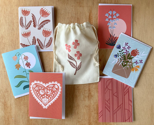greeting card gift set with printed fabric bag